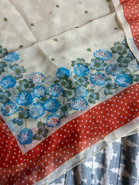 Country Road Accessories - Vintage Country Road Blue Floral, Clover & Red Polka Dot Silk Scarf